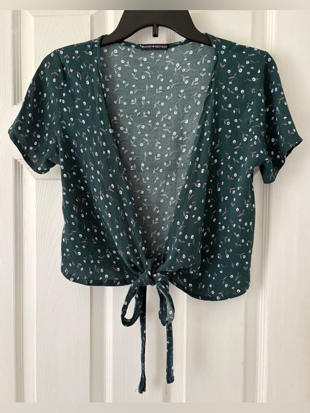 Brandy Melville Dark Green Floral Tie-Front Crop Top